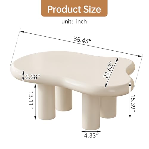 35" Cloud Coffee Table Cream White with 4 Legs for Living Room,Center Table,Low Table,for Living Room Apartment Bedroom Balcony Minimalist Accent Furniture