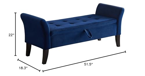 Storage Ottoman Bench, Velvet Benches End of Bed Bench with Solid Wood Legs Upholstered Ottoman with Storage Indoor Bench for Living Room with Rolled Arm, Entryway, NavyBlue