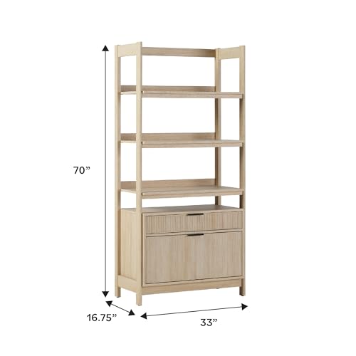 Transitional Open Reeded 4-Shelf Bookshelf with Drawers on Bottom, Versatile Bookcase with Bottom Storage for Home Office, Living Room, Bedroom, 33”W x 16.75”D x 70”H, Coastal Oak