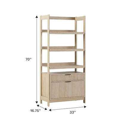 Transitional Open Reeded 4-Shelf Bookshelf with Drawers on Bottom, Versatile Bookcase with Bottom Storage for Home Office, Living Room, Bedroom, 33”W x 16.75”D x 70”H, Coastal Oak