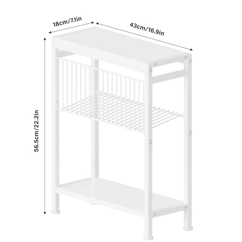 Side Table for Small Spaces, Narrow End Table with Magazine Holder, 2 in 1 Design Slim Side Table, Skinny Nightstand for Living Room Bedroom, Thin Side Magazine Table, White