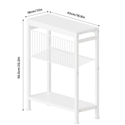 Side Table for Small Spaces, Narrow End Table with Magazine Holder, 2 in 1 Design Slim Side Table, Skinny Nightstand for Living Room Bedroom, Thin Side Magazine Table, White