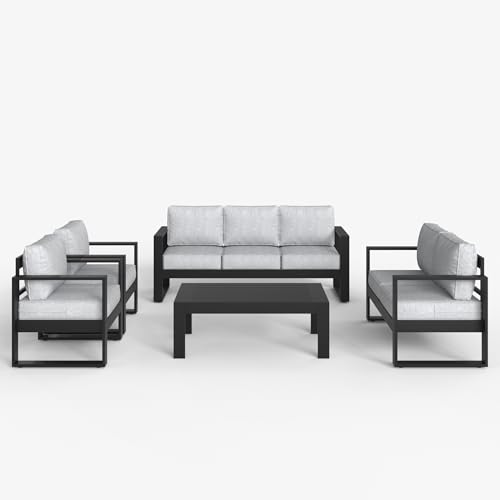 5 Pieces Aluminum Outdoor Patio Furniture Set, Metal Modern Conversation Sofa Set with Coffee Table and Washable Thick Cushions for Porch, Backyard, Deck