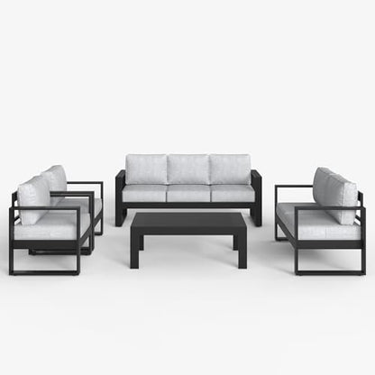 5 Pieces Aluminum Outdoor Patio Furniture Set, Metal Modern Conversation Sofa Set with Coffee Table and Washable Thick Cushions for Porch, Backyard, Deck