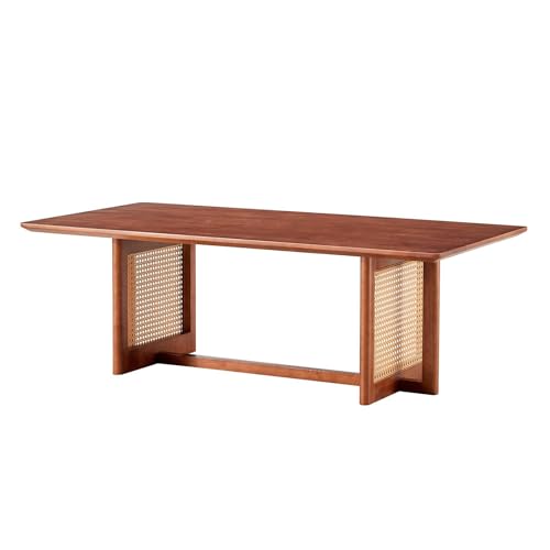 Coffee Table for Living Room, Rectangle Solid Wood Table Top, Modern Imitation Rattan Coffee Table, Cross Table Legs Tea Table for Apartment Small Space (Walnut)
