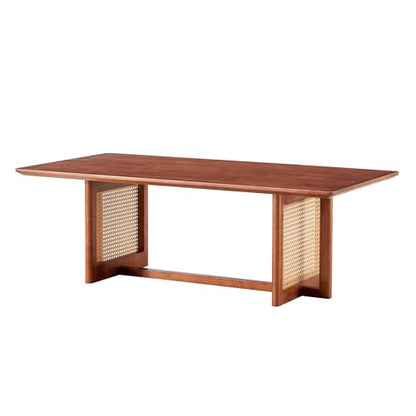 Coffee Table for Living Room, Rectangle Solid Wood Table Top, Modern Imitation Rattan Coffee Table, Cross Table Legs Tea Table for Apartment Small Space (Walnut)