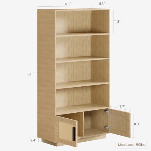 GAOMON Boho Bookcase with Rattan Doors, 5 Tier Bookshelf, Wooden Bookcase and Bookshelf with Storage, Tall Book Stand, Large Bookshelf for Living Room, Bedroom, Home Office, Kitchen