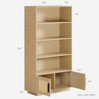 GAOMON Boho Bookcase with Rattan Doors, 5 Tier Bookshelf, Wooden Bookcase and Bookshelf with Storage, Tall Book Stand, Large Bookshelf for Living Room, Bedroom, Home Office, Kitchen