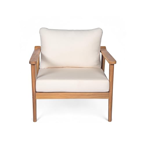 Batis Acacia Wood Lounge Chair Outdoor Set of 2, Wooden Patio Accent Chair Set, Comfy Reading Seat with Removable Cushion, Patio Furniture Set, Teak+Beige