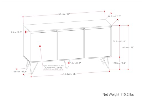 Hunter Buffet - 60 inch Wide Solid Mango Wood 3-Door Sideboard Buffet in Natural, Contemporary Storage Cabinet for Dining Room or Kitchen with Adjustable Shelves and Metal Legs