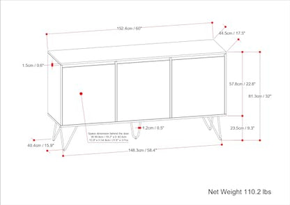 Hunter Buffet - 60 inch Wide Solid Mango Wood 3-Door Sideboard Buffet in Natural, Contemporary Storage Cabinet for Dining Room or Kitchen with Adjustable Shelves and Metal Legs