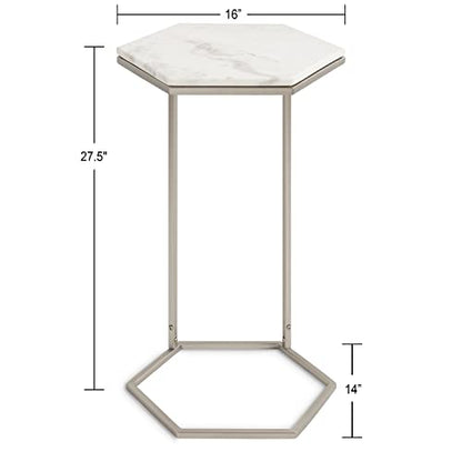 Trillion Modern C-Table; 16 x 14 x 28; Silver; Chic Marble Accent End Table with Geometric Hexagon Top