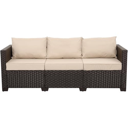 Patio Couch PE Rattan 3-Seat Outdoor Sofa Brown Wicker Furniture Set Deep Seating with Anti-Slip Beige Cushion