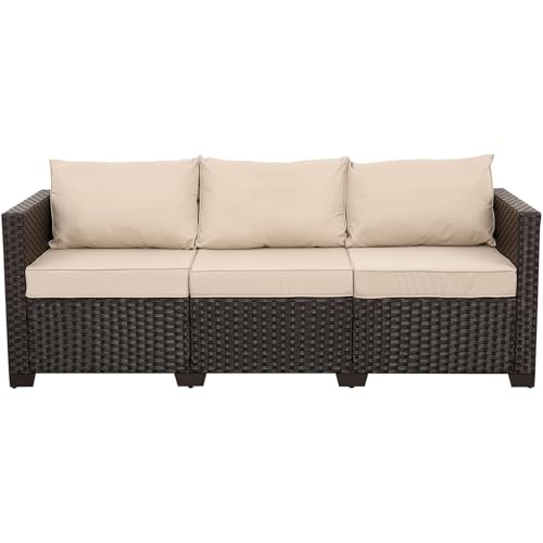 Brown three-seat rattan outdoor sofa with beige cushions, view 2