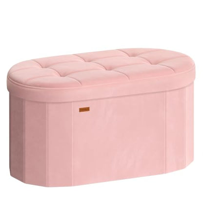 SONGMICS Mazie Collection - Folding Ottoman with Storage, Oval Storage Ottoman Bench, for Living Room, Bedroom, Velvet Fabric, 15 x 30 x 15 Inches, Jelly Pink ULSF267SA01