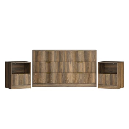 3-Piece Modern Bedroom Furniture Set, Wide 6-Drawer Dresser & 1-Drawer Nightstands Set of 2, Natural Wood Dresser and Nightstand Sets for Bedroom, Hallway, Walnut
