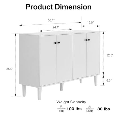 Sideboard Buffet Cabinet Kitchen Storage Cabinet Living Room 4 Doors Console Table (White)
