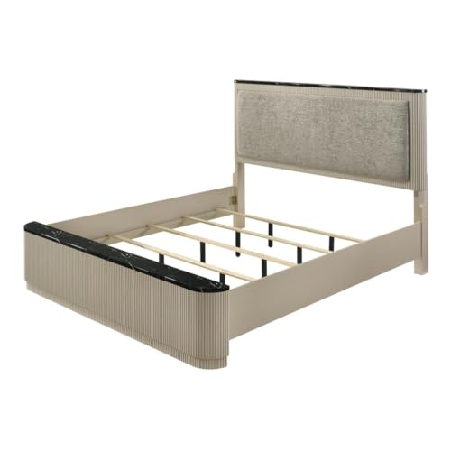Upholstered Eastern King Bed, Gray Linen and Beige Frame, Padded Headboard, view 2