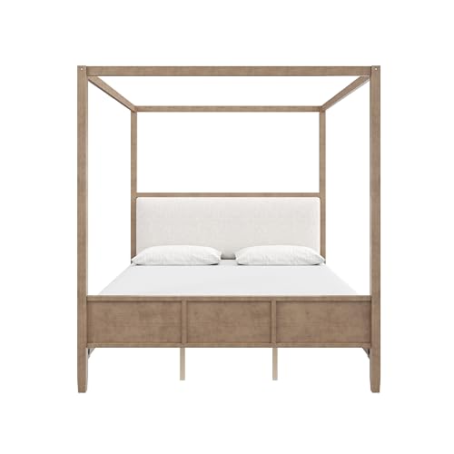 King Size Canopy Bed with Linen Headboard and 4-Poster, Walnut, view 8