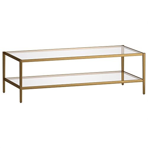 54" Wide Rectangular Coffee Table with Glass Shelf in Antique Brass, Modern coffee tables for living room, studio apartment essentials | Spacious dual-level design provides room for décor and essentials without overwhelming your space