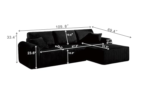 109-Inch L-Shaped Right Facing Boneless Corner Sofa 2 PCS Modular Sectional Cloud Sofa Couch with Chaise Lounge and Toss Pillow, Corduroy Boneless L-Shaped Couches