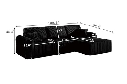 109-Inch L-Shaped Right Facing Boneless Corner Sofa 2 PCS Modular Sectional Cloud Sofa Couch with Chaise Lounge and Toss Pillow, Corduroy Boneless L-Shaped Couches