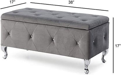 Glam 38 Inches Storage Ottoman Bench for Entryway, Hallway, Living Room, and Bedroom, Upholstered Tufted Faux Leather Ottoman with Storage, Foot Rest and Organizer, Fossil Gray