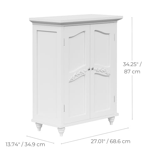 Versailles Wooden Freestanding Floor Storage Cabinet with 2 Adjustable Interior Shelves 3 Storage Spaces and 2 Floral Scroll Doors, White