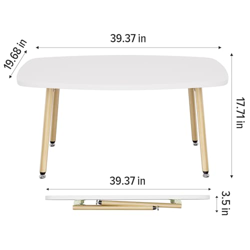 Folding Coffee Table 39.3'' White Coffee Tables for Living Room Portable Simple Modern Rectangular Center Table for Small Spaces, No Assembly, White