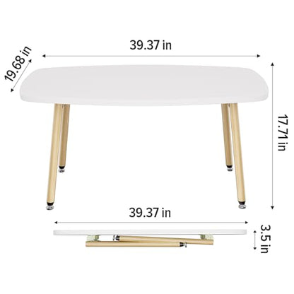 Folding Coffee Table 39.3'' White Coffee Tables for Living Room Portable Simple Modern Rectangular Center Table for Small Spaces, No Assembly, White