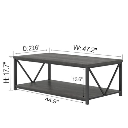 Industrial Coffee Table with Storage Shelf, Modern Rustic Wooden and Metal Rectangle Center Table for Living Room, Dark Gray, 47 Inch