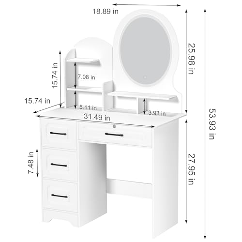 Vanity Mirror with Lights, Makeup Vanity Table with 4 Drawers & Storage Shelves, Large HD Mirror, Adjustable Brightness, 3 Color Modes, Modern Dressing Table for Bedroom