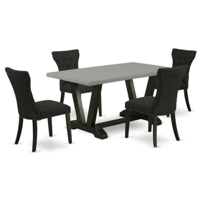 5-Piece Wood Dining Set, Rectangular Cement-Finish Table, Black Linen Upholstered Chairs, Solid Wood Frame, Button-Tufted Chair Back, Decorative Nail Heads, Modern Dining Room Furniture