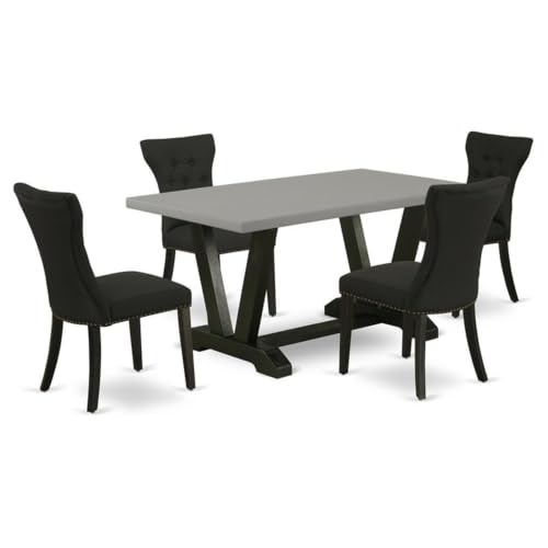 5-Piece Wood Dining Set, Rectangular Cement-Finish Table, Black Linen Upholstered Chairs, Solid Wood Frame, Button-Tufted Chair Back, Decorative Nail Heads, Modern Dining Room Furniture