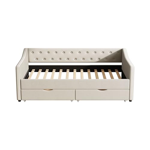 81" Upholstered Tufted Sofa Bed - Deep Seat Pull-Out with Breathable Fabric, Two Drawers for Living Room, Beige