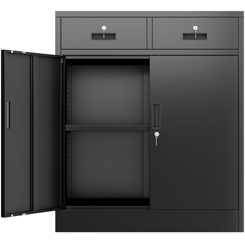 Metal Storage Cabinet, Garage Storage Cabinet with 2 Drawers and Adjustable Shelf, Locking Short Storage Cabinet for Office Garage Home, Black Metal Cabinets(36" H x 31.5" W x 16" D)