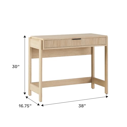 Transitional Office Design, Reeded Drawer Front Detail, Writing Desk with Drawer, Spacious Desktop, Complementary in Living Spaces, 38 Inch, Coastal Oak