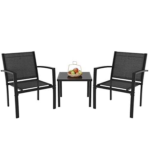 3 Pieces Patio Furniture Set Outdoor Conversation Textilene Fabric Chairs for Lawn, Garden, Balcony, Poolside with A Glass Coffee Table, Black