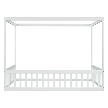 Full Size Canopy Bed Frame with Guardrails for Kids, view 7