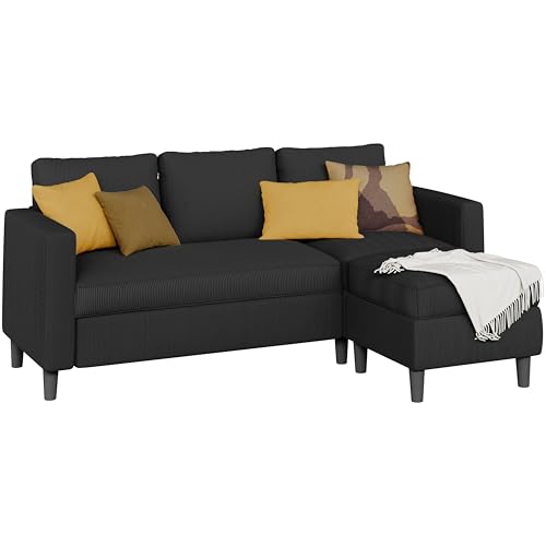 L Shaped Sectional Sofa Couch,Convertible Modular Sofas with Movable Ottoman,3-Seat Upholstered Corduroy Couch,Small Couches for Living Room,Apartment,Office(Black)
