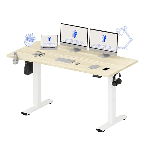 FLEXISPOT 63x32 Inch Electric Large Standing Desk for Home & Office, Spacious Splice Board Desk with Cable Management & Organizer, Cup Holder & Hook, White Wood Grain