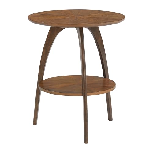 Retro Mid-Century Modern Round Wood End Table, Solid Grain Side Table with Lower Shelf, Small Accent Table for Living Room or Nightstand. Nutmeg Brown Top with Espresso Brown Legs