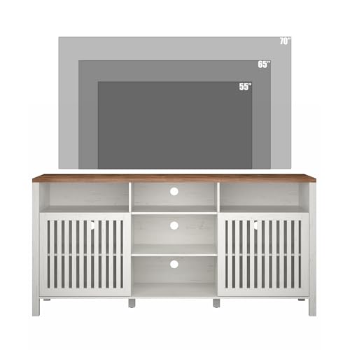 Farmhouse White TV Stand with Grille Doors, 5 Open Storage Compartments, view 6