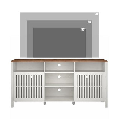 Farmhouse White TV Stand with Grille Doors, 5 Open Storage Compartments, view 6