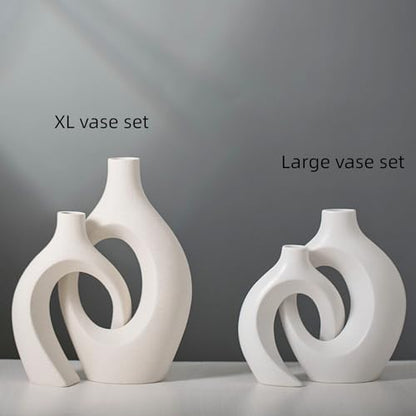 XL Beige Ceramic Vase Set of 2 for Modern Home Decor, Eclectic Entryway Modern Boho Hollow Flower Vases for Living Room Bookshelf Dining Coffee Table Centerpiece (W 6.8" X H 11")