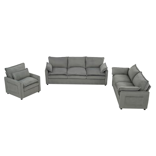 3-Piece Living Room Furniture Set with 3-Seater Sofa, Loveseat and Accent Chair, Side Storage Pocket, Grey