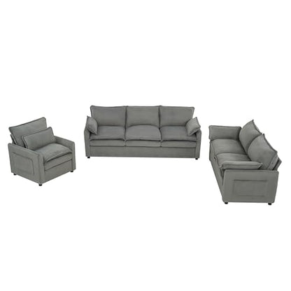 3-Piece Living Room Furniture Set with 3-Seater Sofa, Loveseat and Accent Chair, Side Storage Pocket, Grey