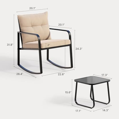 3 Piece Rocking Bistro Set, Black Steel Patio Furniture, Porch Chairs Conversation Set with Glass Coffee Table, Back Cushion, for Balcony, Garden, Pool, Backyard, Beige