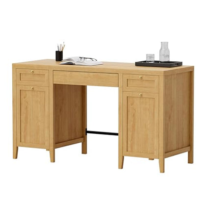 52" Large Executive Desk with Drawers, Farmhouse Wooden Home Office Desk with Storage Cabinet, Modern Computer Writing Desk for Work Study, Workspace, Natural Oak