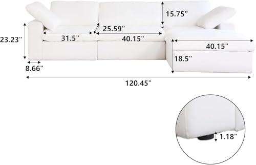 120" L Shape Cloud Modular Couches for Living Room, Modern Convertible Sectional Sofa Couch, Couch Cushion Covers Removable, Sectional Sofas for Party Bedroom Apartment (White)